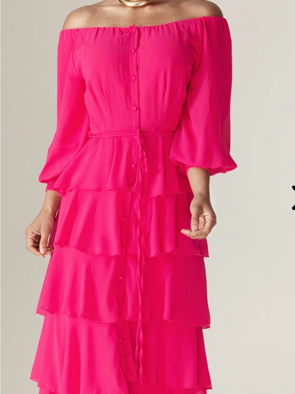 Off-Shoulder Tiered Midi Dress in Vibrant Pink
